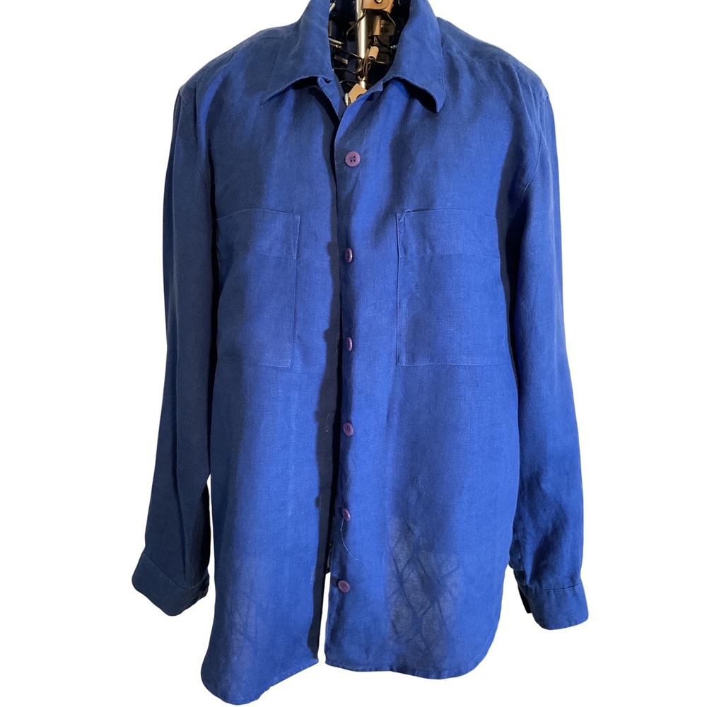 Talbots 100 Irish Linen Button Up Shirt Blue Women Size 8 Long Sleeve Two Pocket